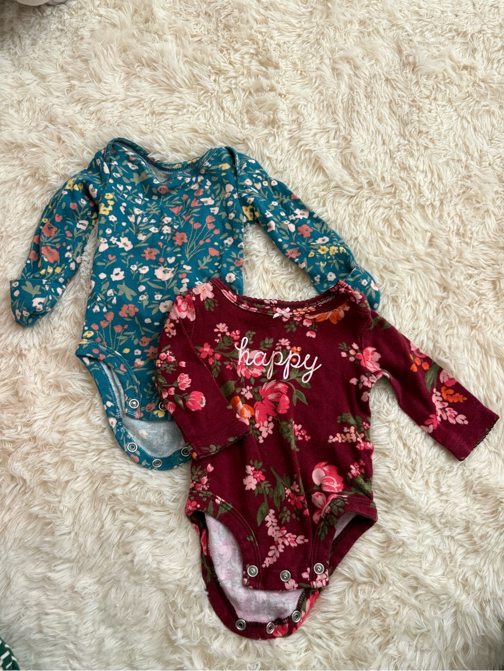 Carter’s Kids Floral Long-Sleeve One-Piece Bodysuit - Burgundy "Happy"